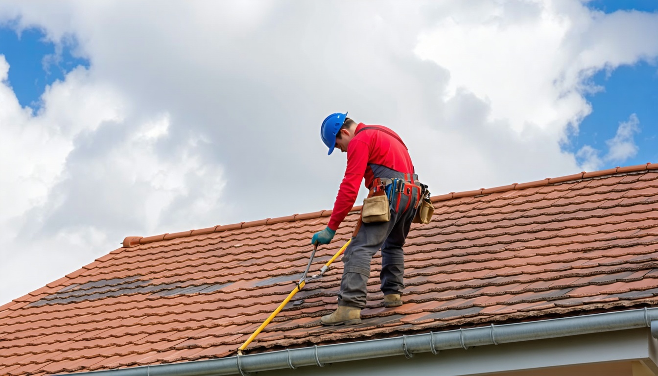 A professional roofer in a red shirt inspecting a